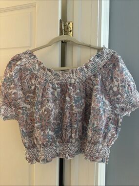 J. Crew Floral Smocked Off-Shoulder Crop Top - Pink & Blue Liberty Print